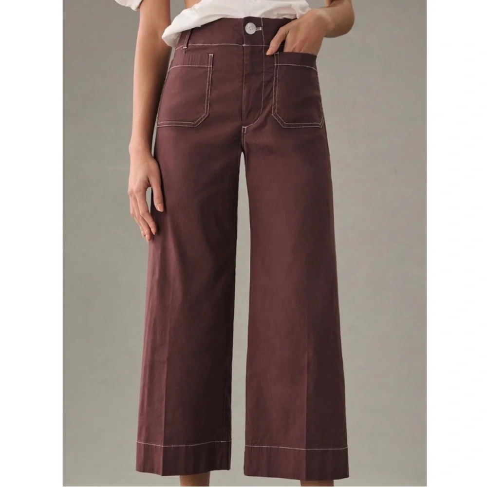 Maeve Colette Wide Leg Pants Special Contrast Stitch Edition Burgundy 24 - Picture 1 of 6